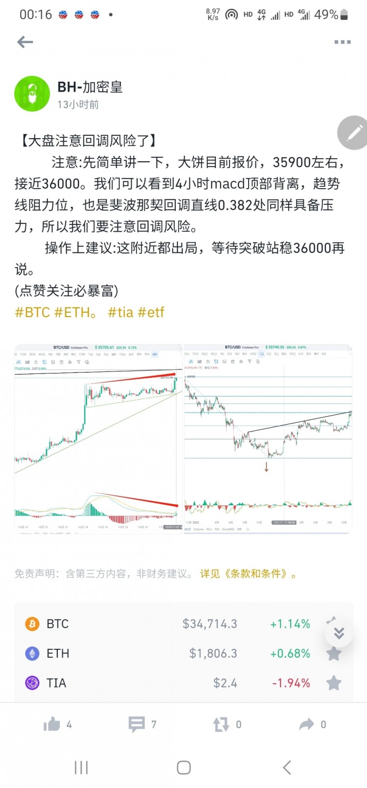 大盘今日成功逃顶 今天早上大饼上涨至36000附近