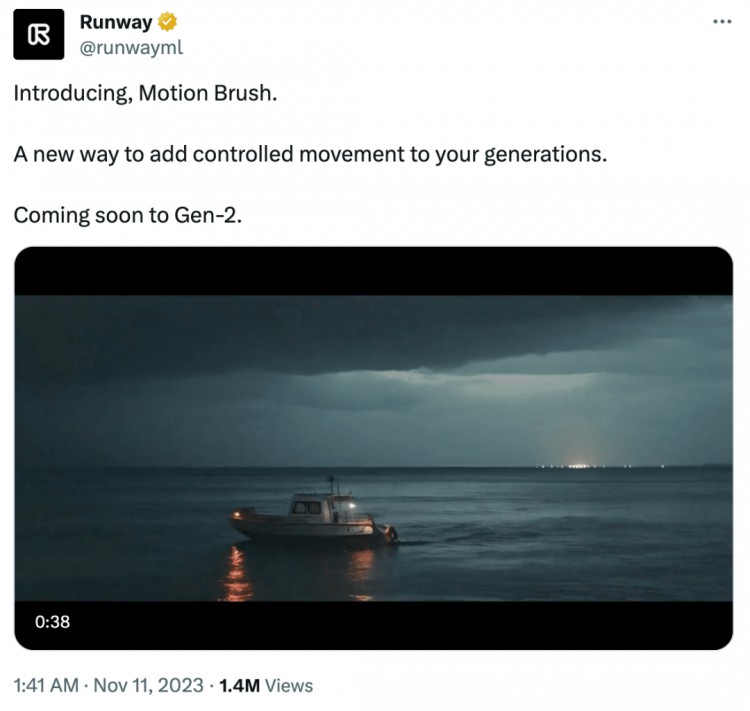 新的Runway功能「运动笔刷」再一次惊艳AI圈：随手一画，图片就动了
