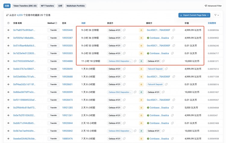 Celsius转出10,000 ETH至Coinbase