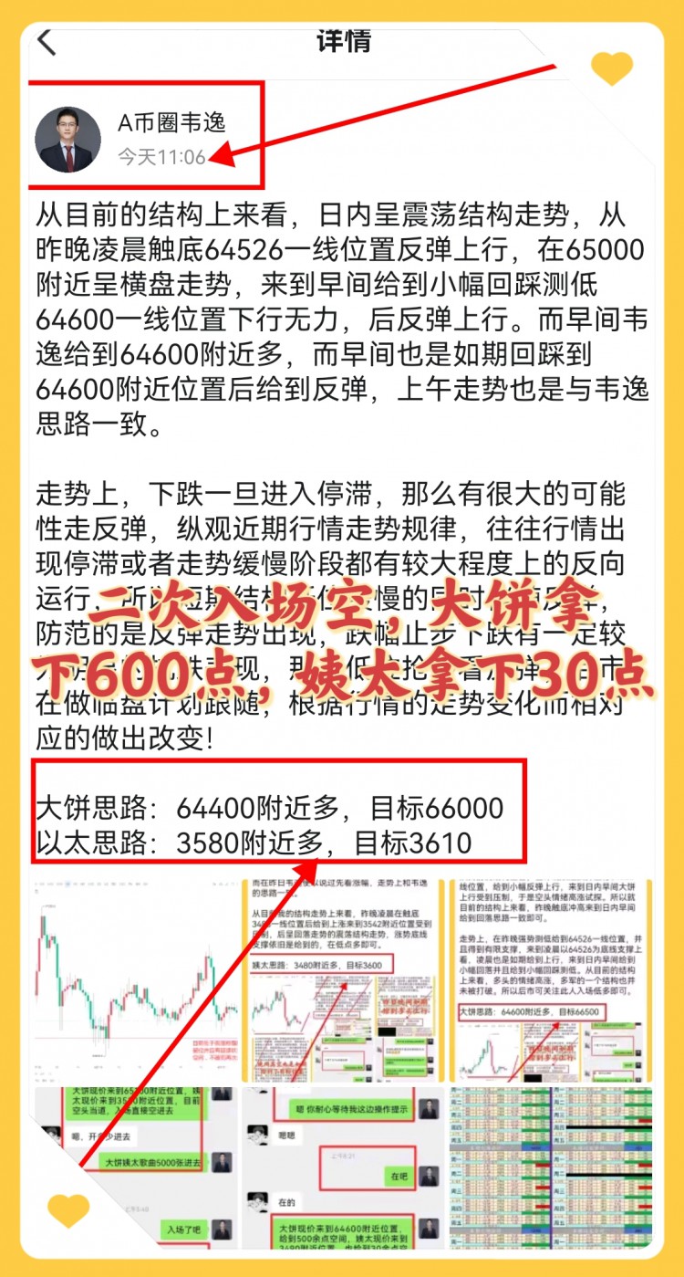 [韦逸说币]回踩低多，重点关注64000多空分界线