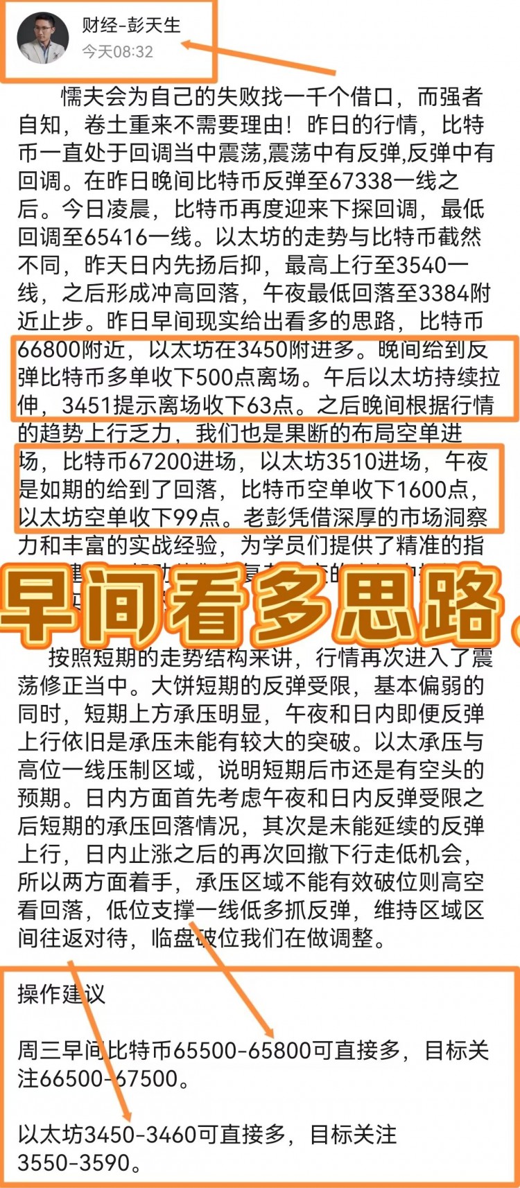 [财经彭天生]彭天生：周四早间比特币以太坊操作建议